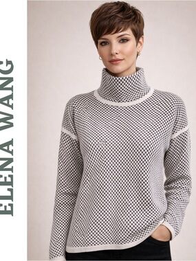 Elena Wang Textured Turtleneck Sweater Cream Black Medium / Large